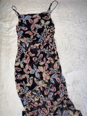 Urban Outfitters Black Maxi Slip Dress with Pastel Butterfly Floral Print